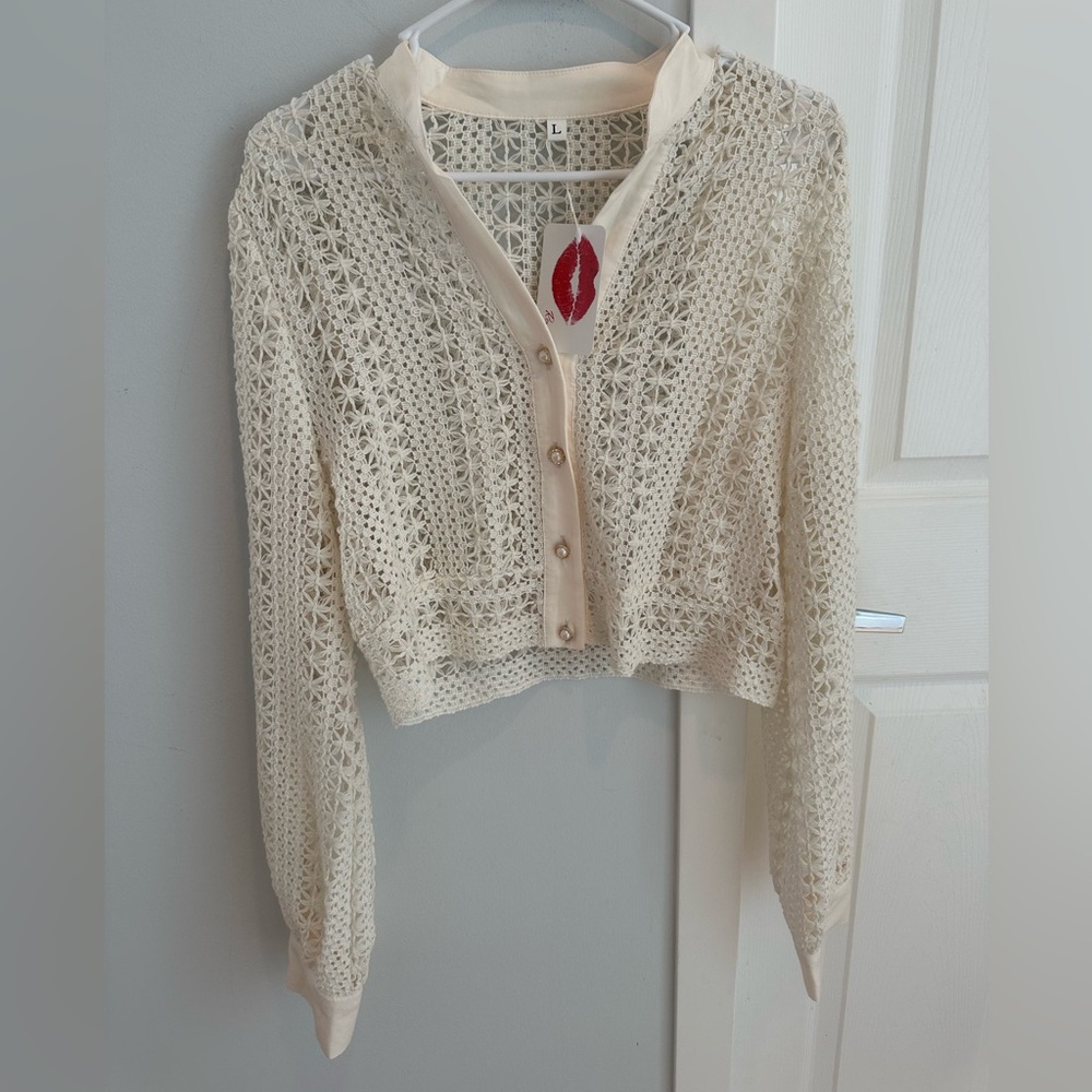 NWT Rouge Crochet knit crop button up, size L
